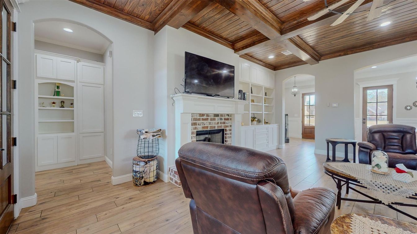 Fireplace, Interior, Living room, Recessed Lighting, Wooden Beams, Wooden Ceilings, Wood Texture Flooring