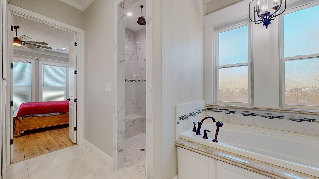Bathroom, Bedroom, Interior, Marble, Marble Walls, Pendant Lights, Recessed Lighting, Wood Texture Flooring