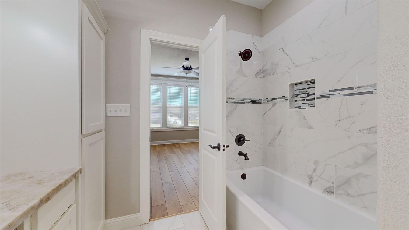 Bathroom, Interior, Marble Walls, Wood Texture Flooring