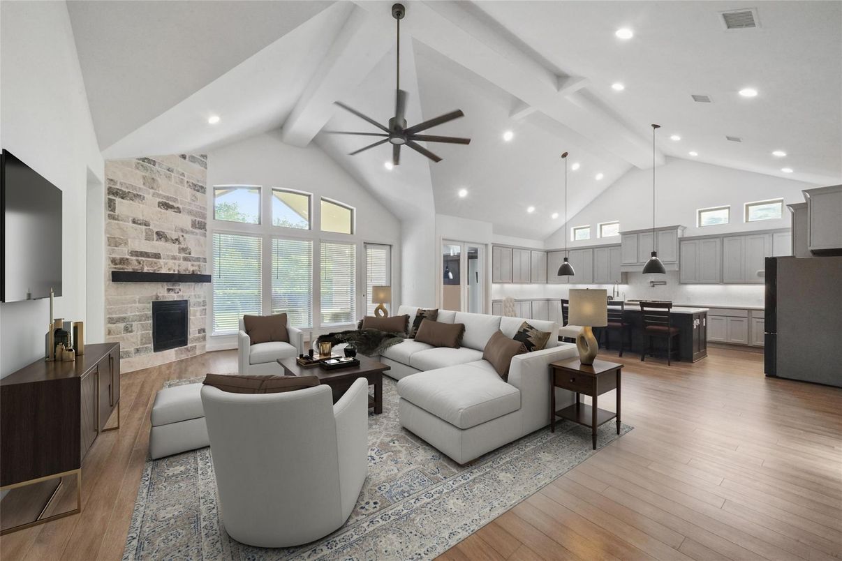 Fireplace, Interior, Kitchen, Living room, Pendant Lights, Recessed Lighting, Stone Walls, Wood Texture Flooring
