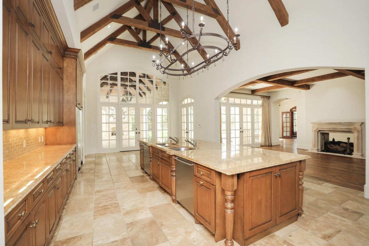 Chandelier, Fireplace, Interior, Kitchen, Pendant Lights, Wooden Beams