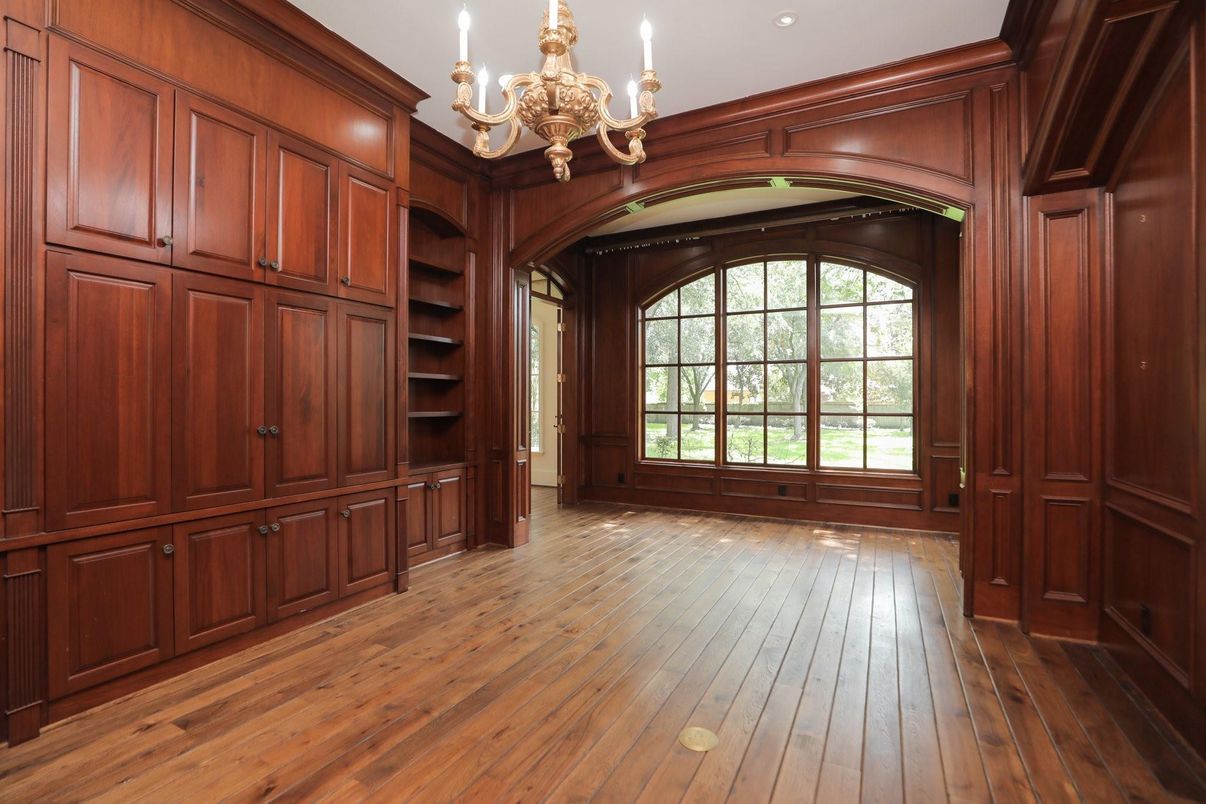 Chandelier, Empty room, Interior, Recessed Lighting, Wood Texture Flooring, Wooden Walls