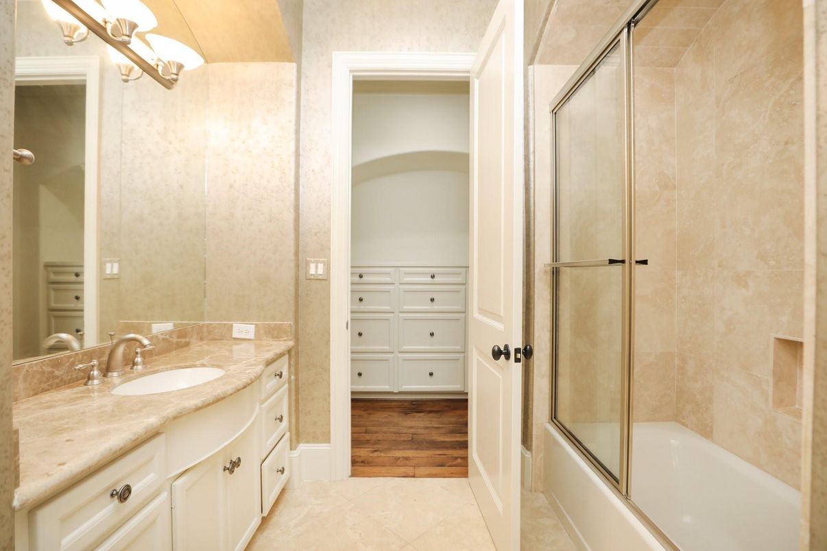 Bathroom, Dual Sink Vanities, Glass Shower, Interior, Wood Texture Flooring