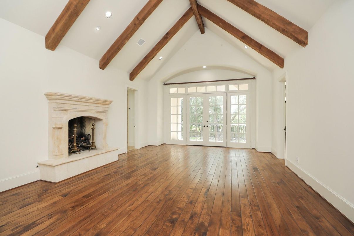 Empty room, Fireplace, Interior, Recessed Lighting, Wooden Beams, Wood Texture Flooring