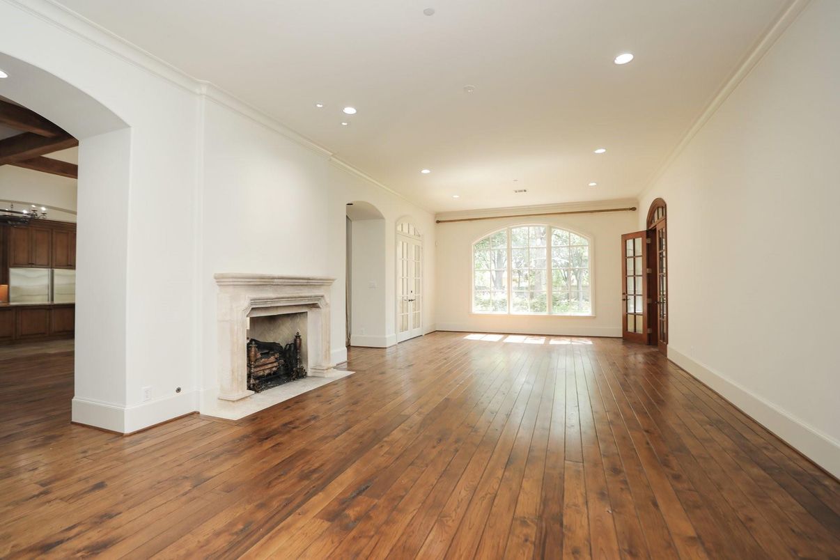 Empty room, Fireplace, Interior, Recessed Lighting, Wood Texture Flooring