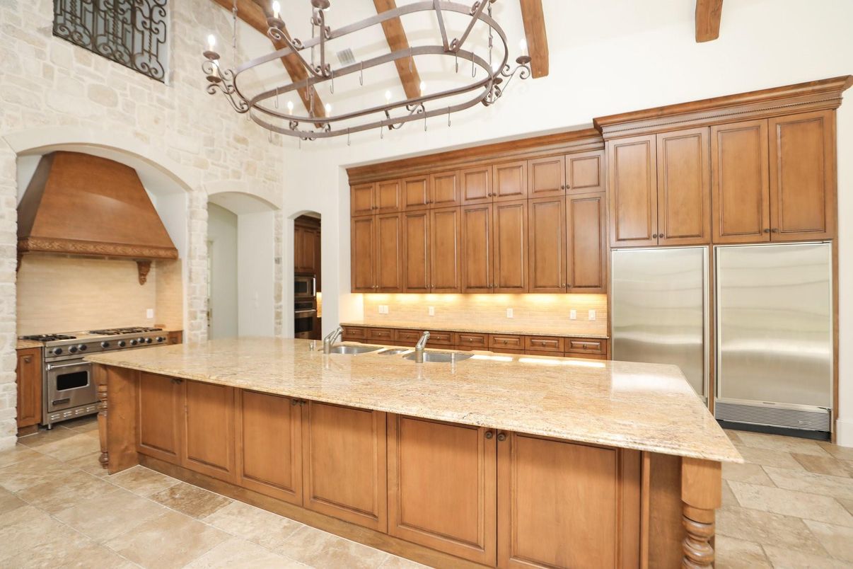 Interior, Kitchen, Pendant Lights, Stainless Steel Appliances, Stone Walls, Wooden Beams