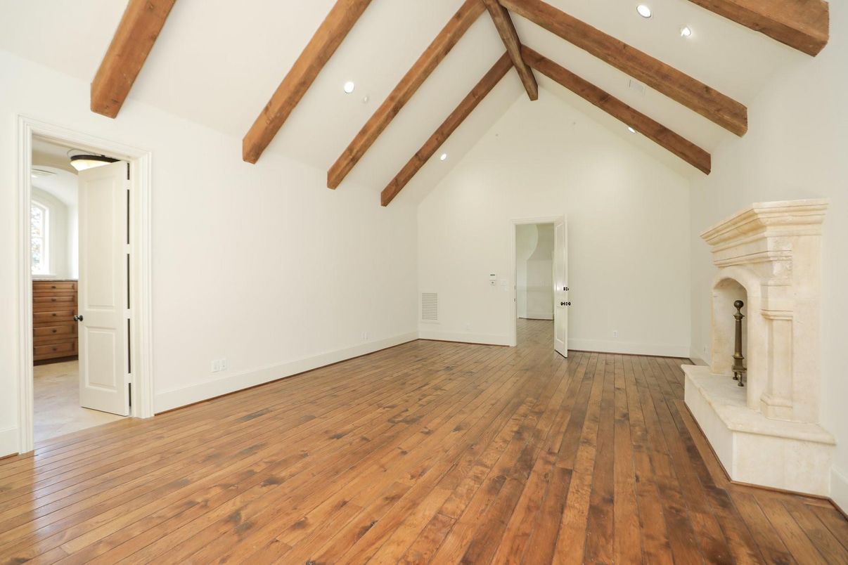 Empty room, Fireplace, Interior, Recessed Lighting, Wooden Beams, Wood Texture Flooring