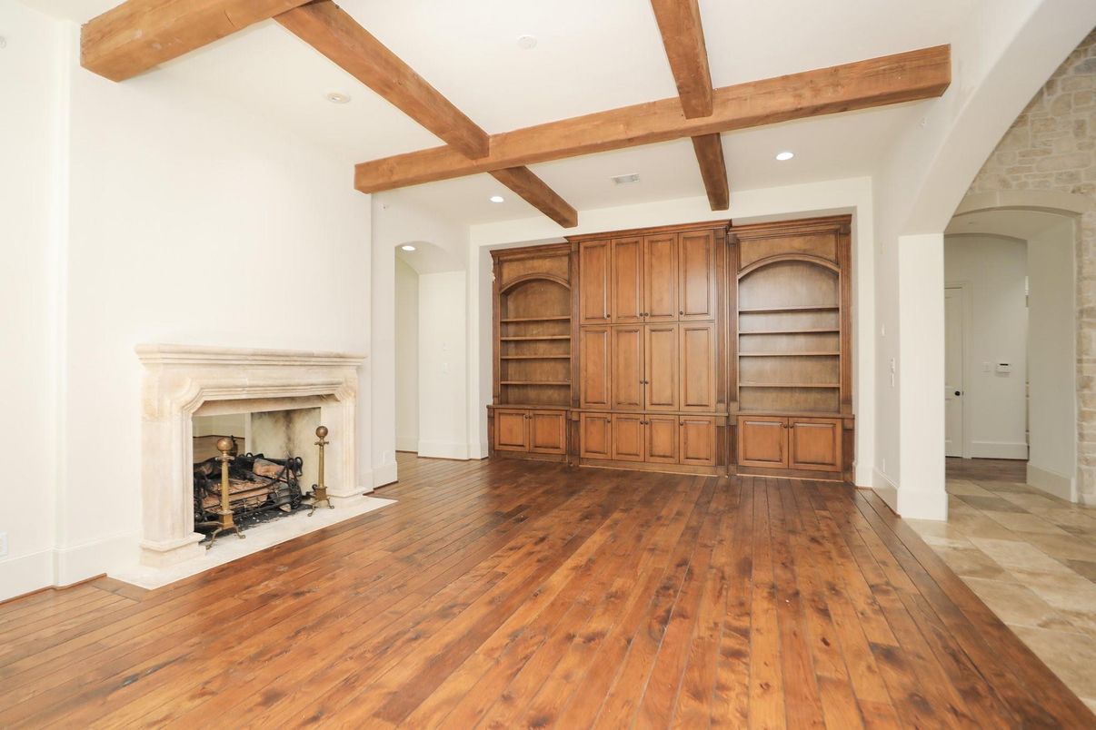 Empty room, Fireplace, Interior, Recessed Lighting, Wooden Beams, Wood Texture Flooring
