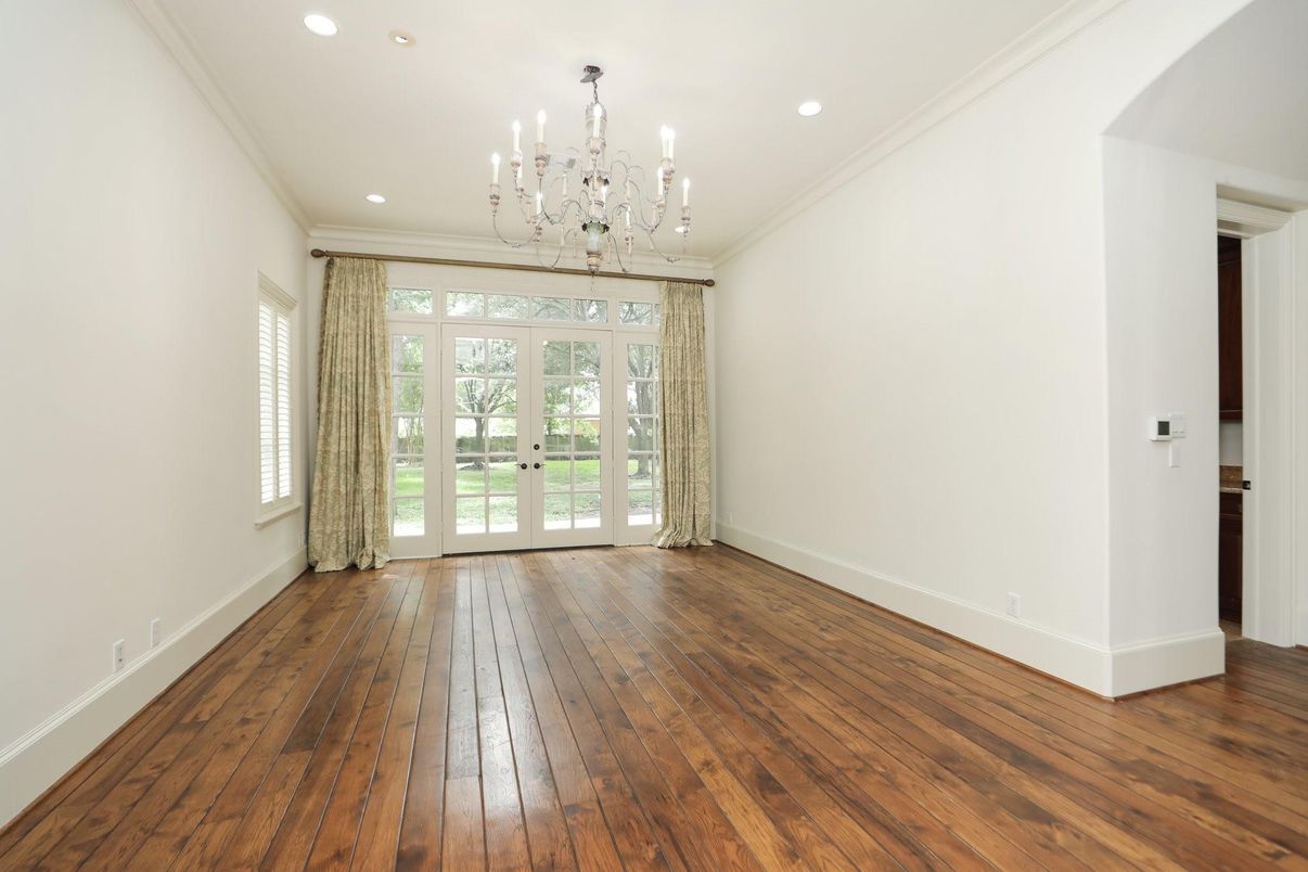 Chandelier, Empty room, Interior, Recessed Lighting, Wood Texture Flooring