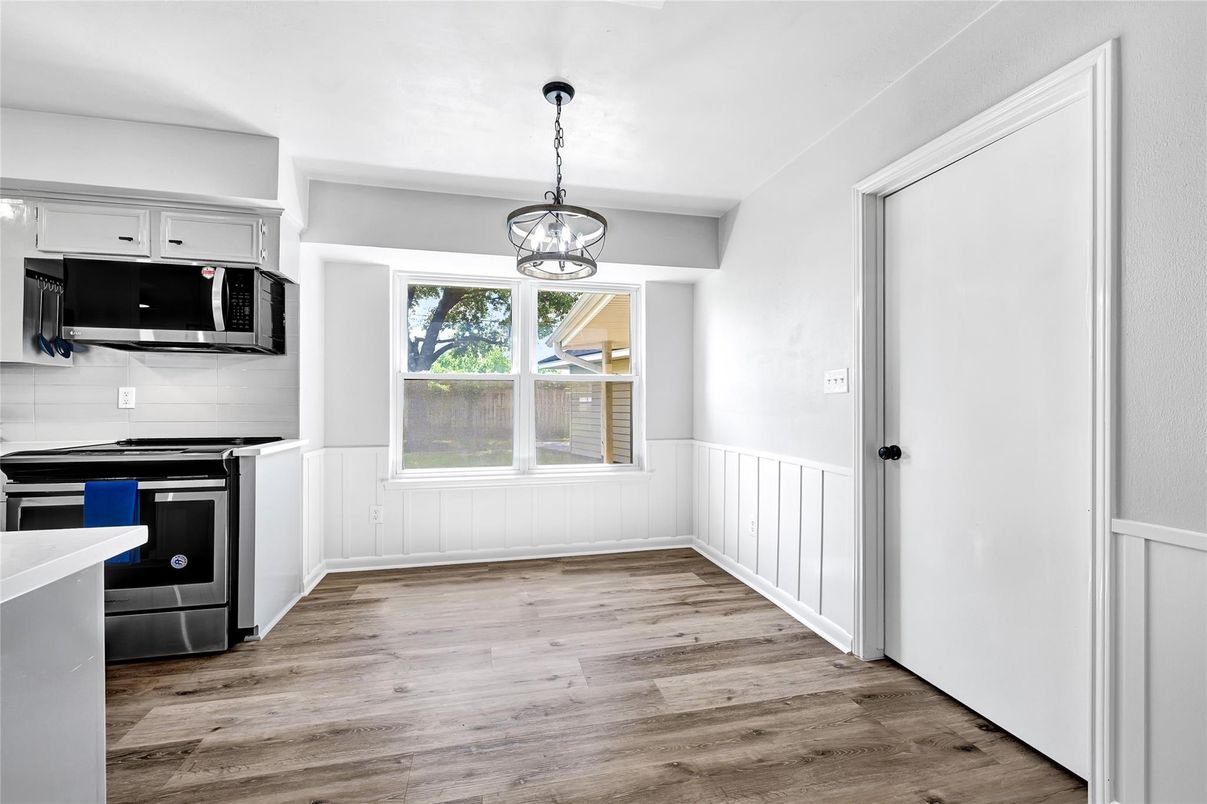 Interior, Kitchen, Pendant Lights, Stainless Steel Appliances, Wood Texture Flooring