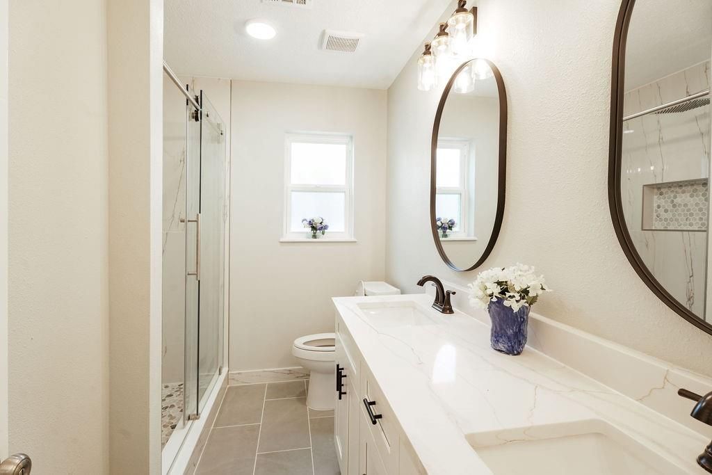Bathroom, Dual Sink Vanities, Glass Shower, Interior, Recessed Lighting