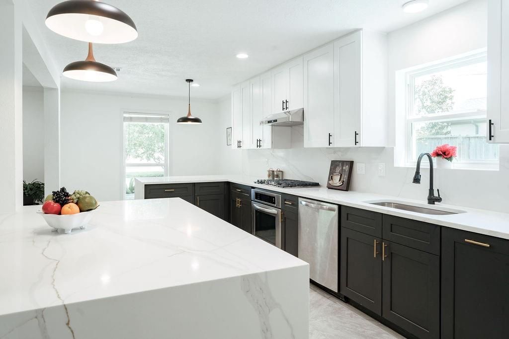 Interior, Kitchen, Marble, Pendant Lights, Recessed Lighting, Stainless Steel Appliances