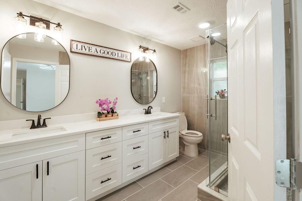 Bathroom, Dual Sink Vanities, Glass Shower, Interior, Recessed Lighting