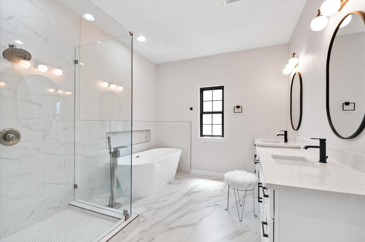 Bathroom, Free Standing Baths, Glass Shower, Interior, Marble, Marble Walls, Recessed Lighting