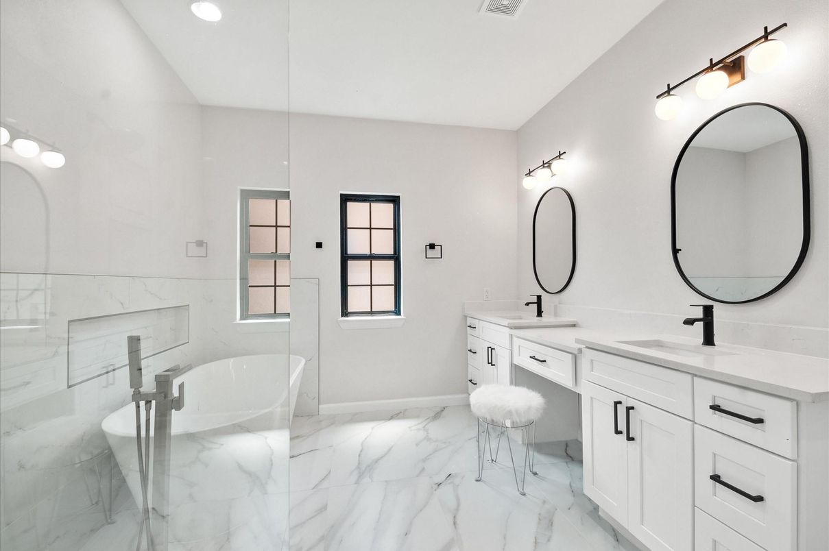 Bathroom, Dual Sink Vanities, Free Standing Baths, Interior, Marble, Marble Walls, Recessed Lighting