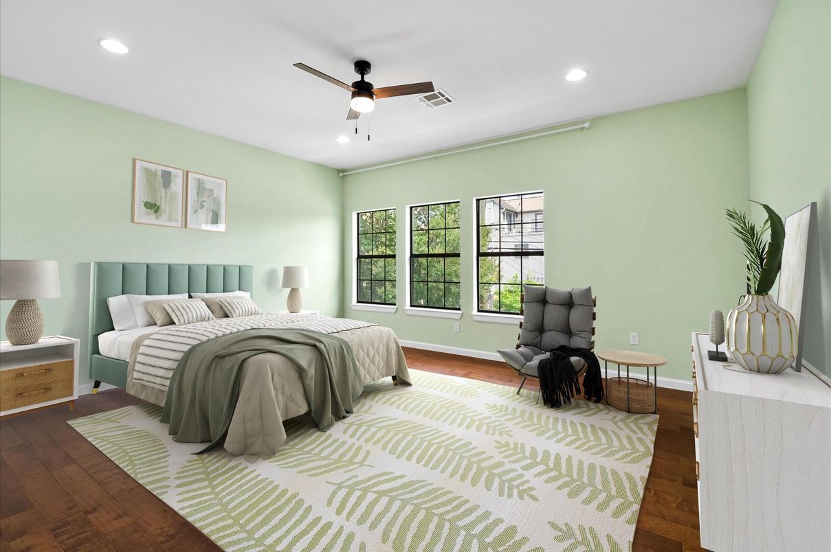Bedroom, Interior, Recessed Lighting, Wood Texture Flooring