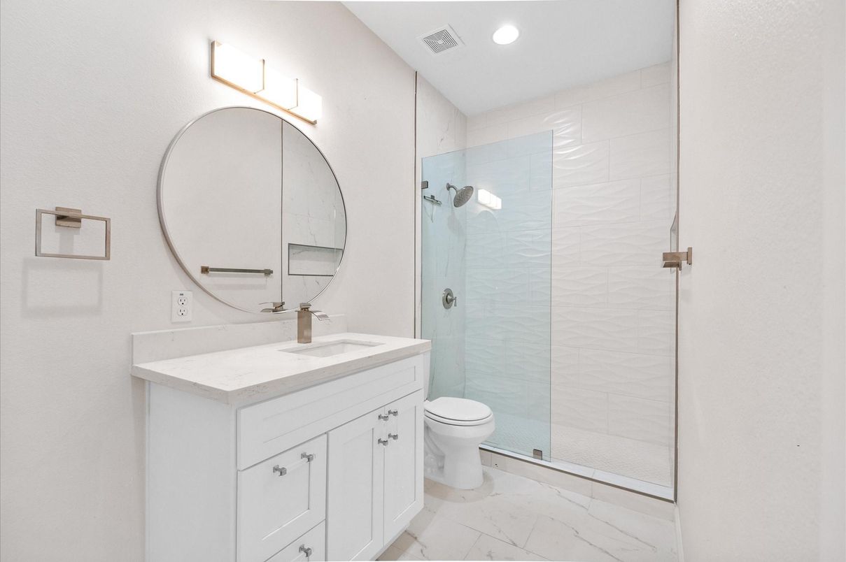 Bathroom, Glass Shower, Interior, Marble, Recessed Lighting