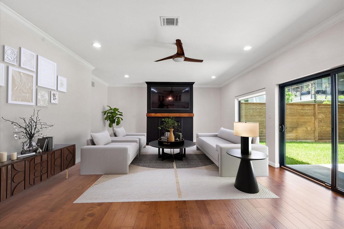 Fireplace, Interior, Living room, Recessed Lighting, Wood Texture Flooring
