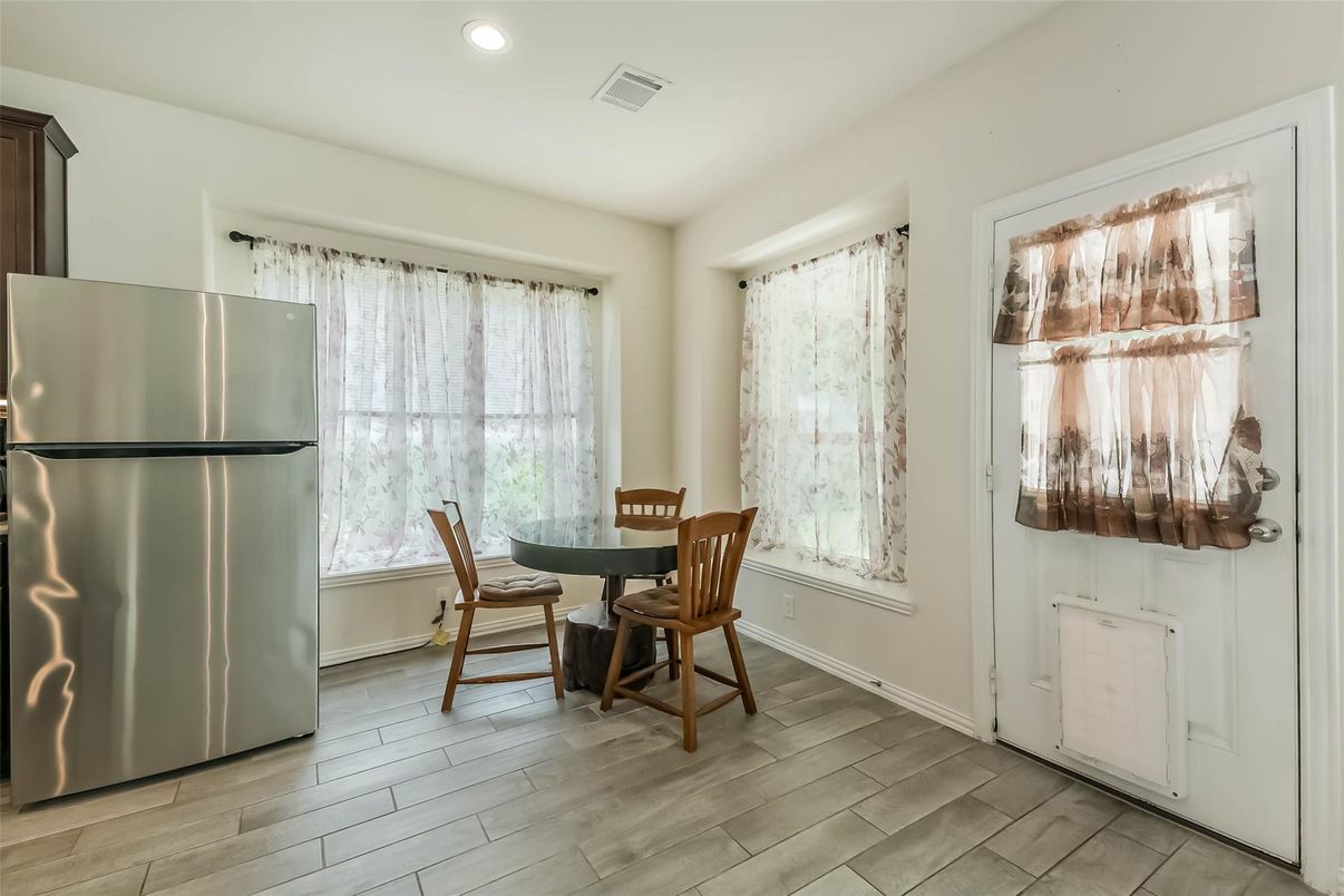 Dining room, Interior, Recessed Lighting, Wood Texture Flooring