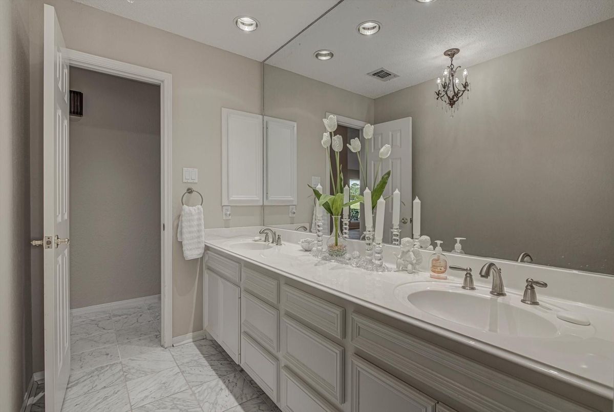 Bathroom, Dual Sink Vanities, Interior, Marble, Recessed Lighting