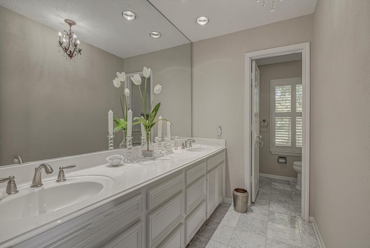 Bathroom, Chandelier, Dual Sink Vanities, Interior, Marble, Recessed Lighting
