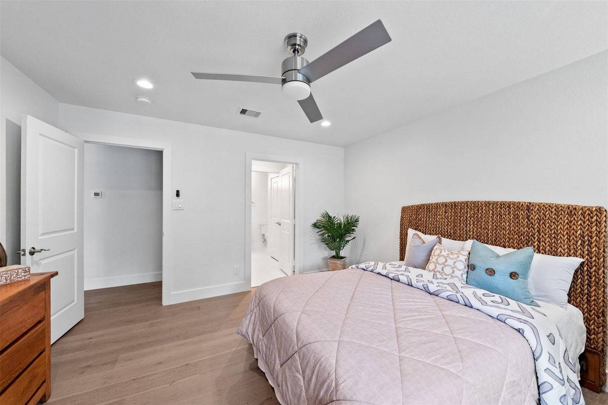 Bedroom, Interior, Recessed Lighting, Wood Texture Flooring