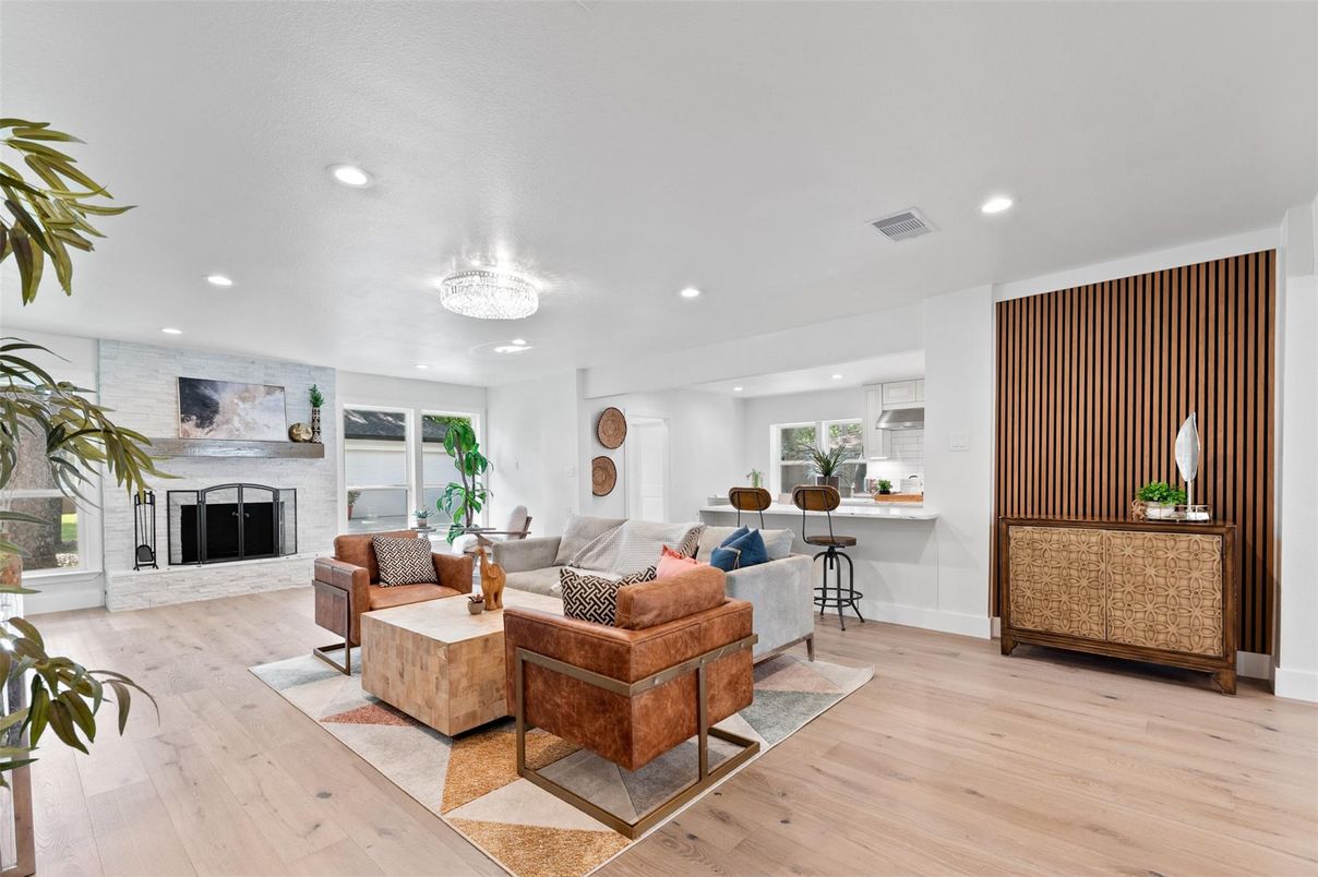 Chandelier, Fireplace, Interior, Living room, Recessed Lighting, Wood Texture Flooring