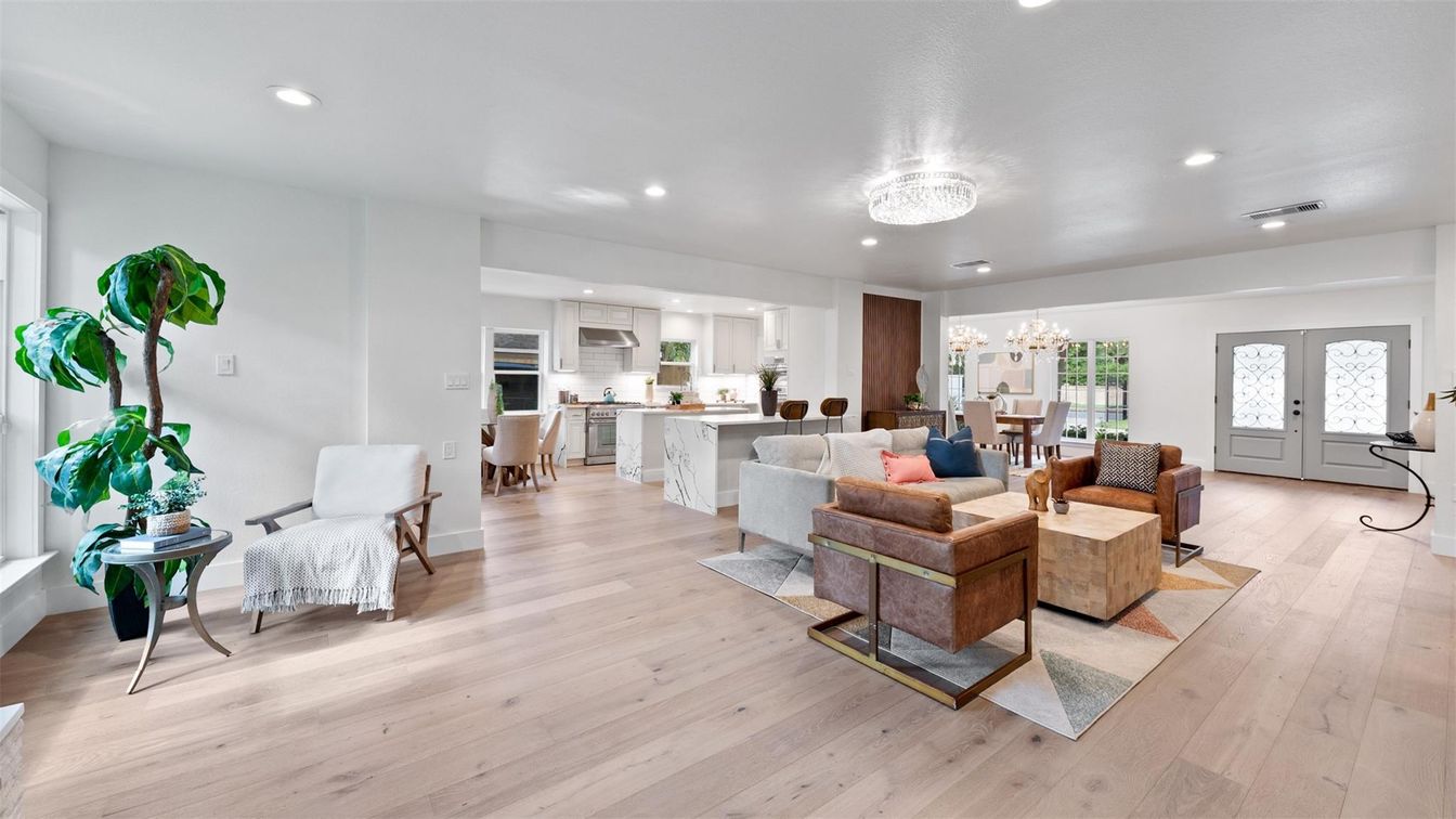 Chandelier, Dining room, Interior, Kitchen, Living room, Recessed Lighting, Stainless Steel Appliances, Wood Texture Flooring
