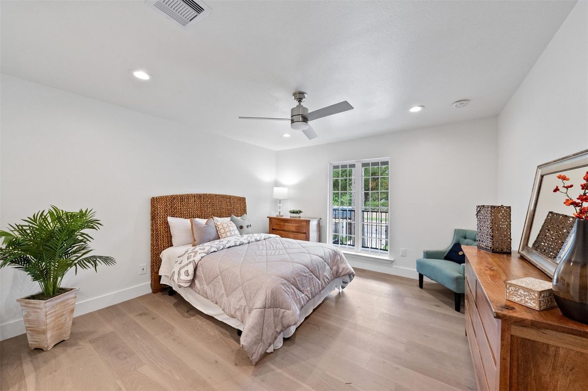 Bedroom, Interior, Recessed Lighting, Wood Texture Flooring