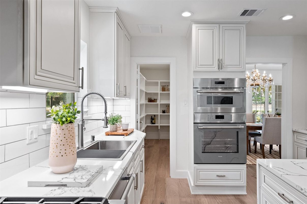 Chandelier, Interior, Kitchen, Recessed Lighting, Stainless Steel Appliances, Wood Texture Flooring