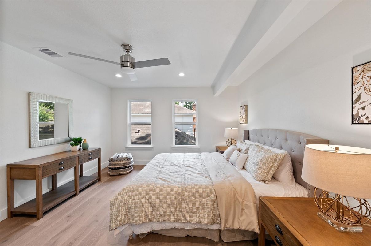 Bedroom, Interior, Recessed Lighting, Wood Texture Flooring