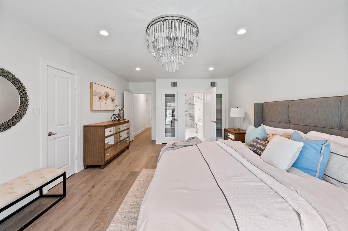 Bedroom, Chandelier, Interior, Recessed Lighting, Wood Texture Flooring