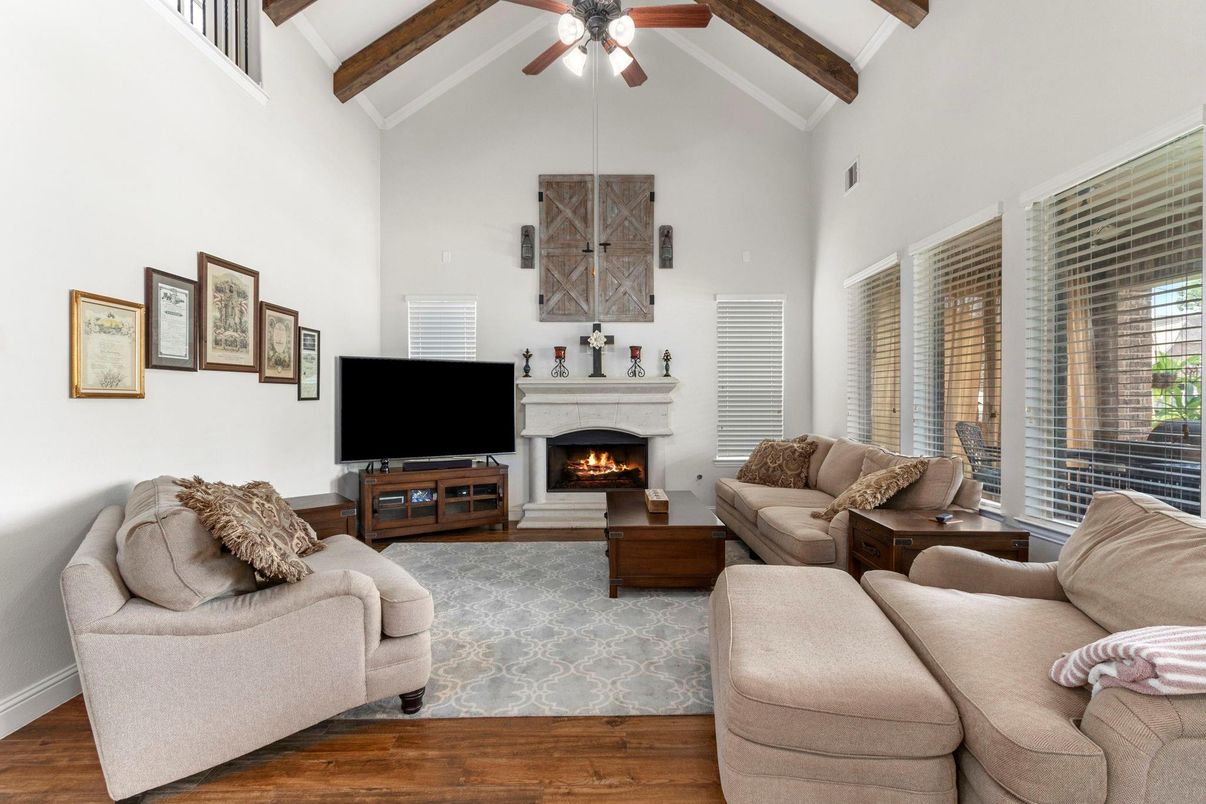Fireplace, Interior, Living room, Wooden Beams, Wood Texture Flooring