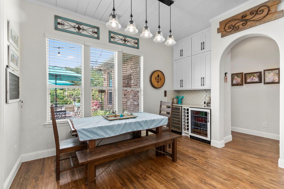 Dining room, Interior, Pendant Lights, Wood Texture Flooring
