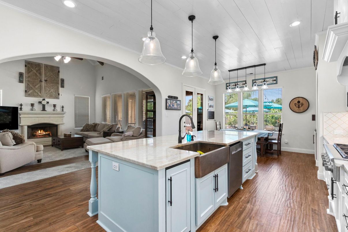 Dining room, Fireplace, Interior, Kitchen, Living room, Pendant Lights, Recessed Lighting, Wood Texture Flooring