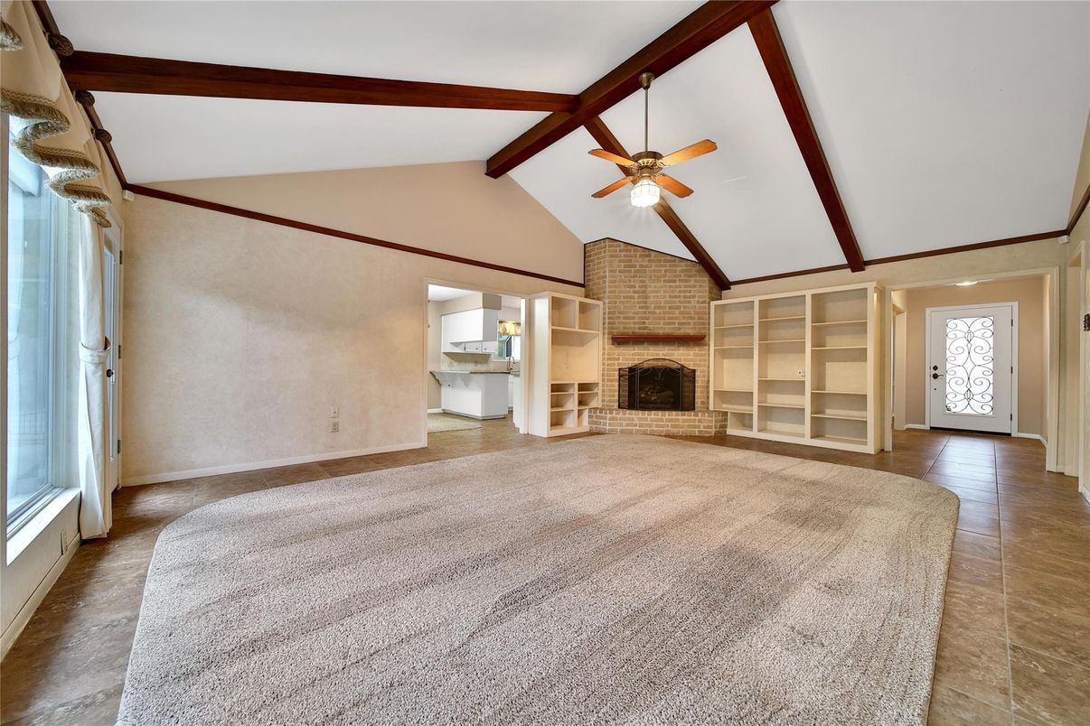 Empty room, Fireplace, Interior, Stone Walls, Wooden Beams