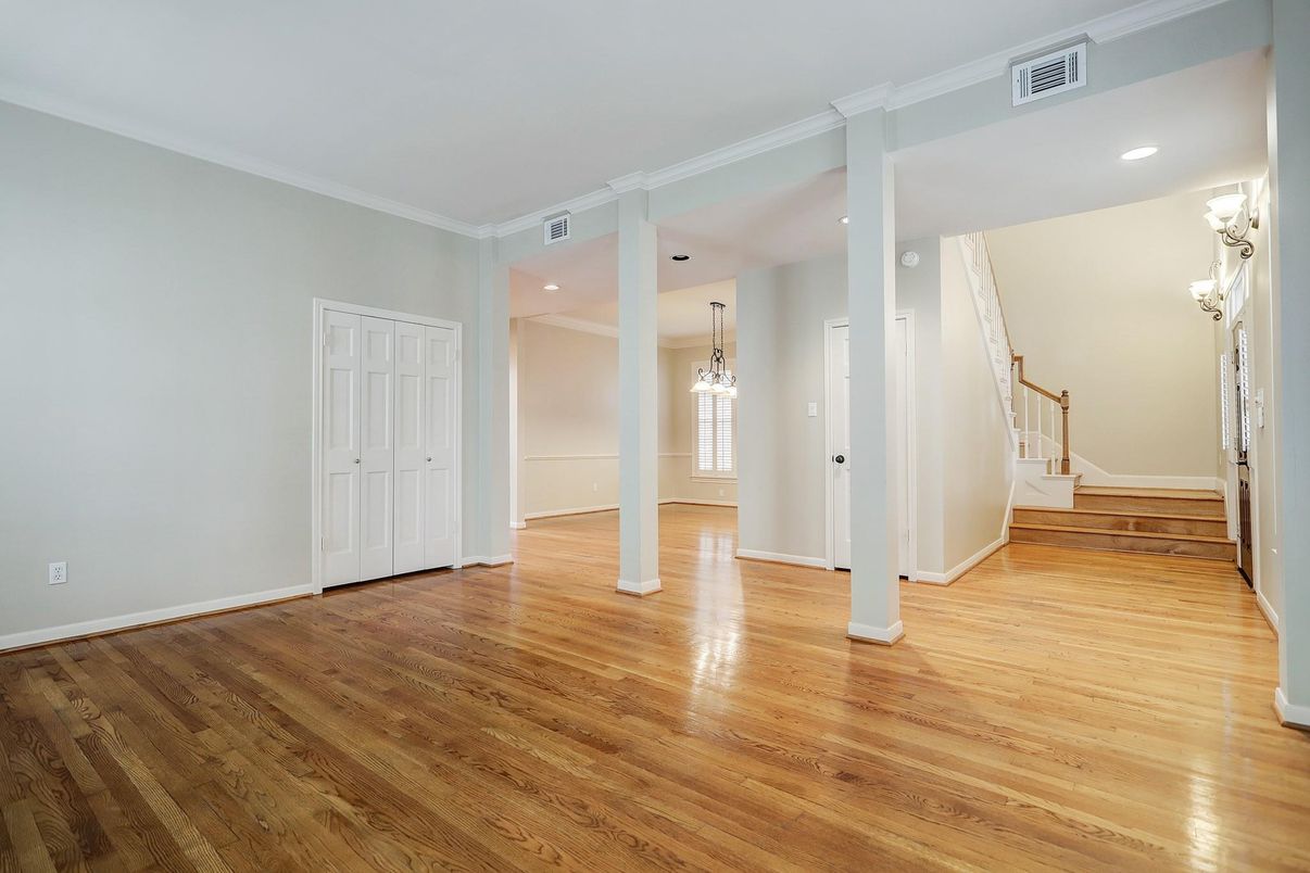 Empty room, Interior, Pendant Lights, Recessed Lighting, Wood Texture Flooring
