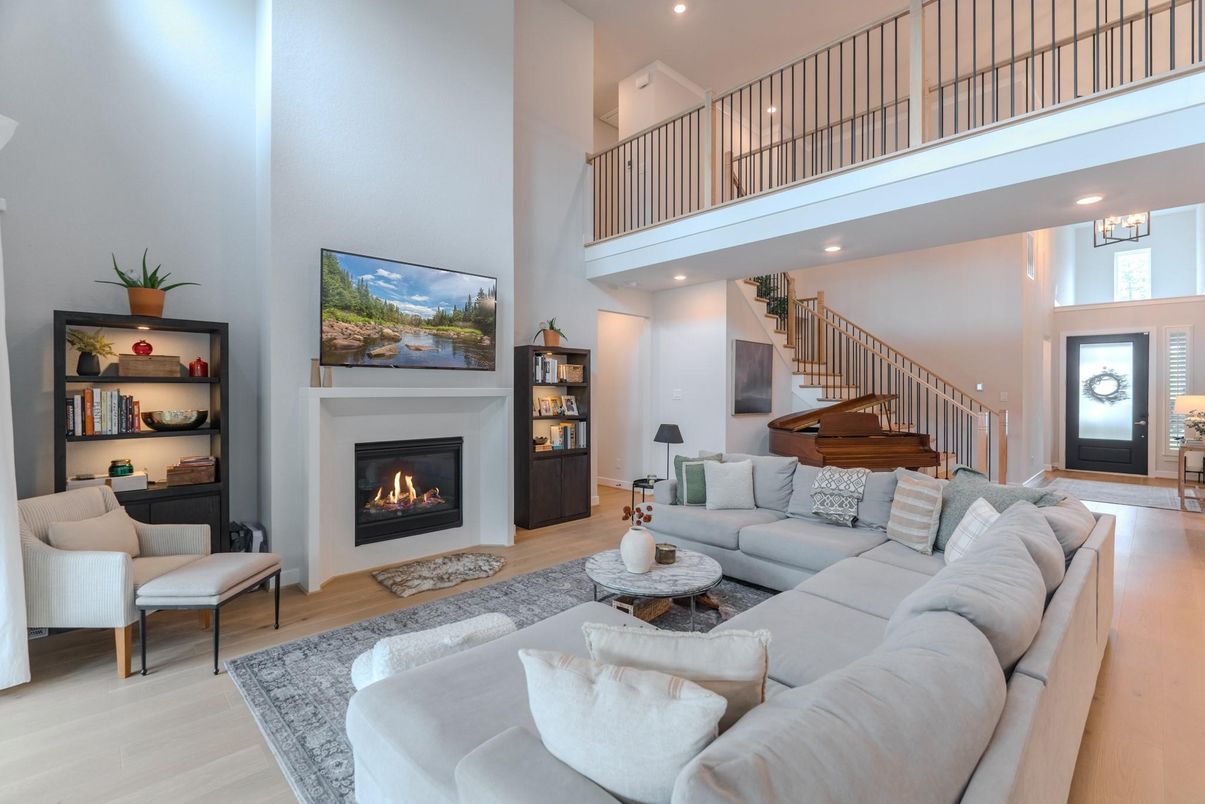 Fireplace, Interior, Living room, Piano, Recessed Lighting, Wood Texture Flooring