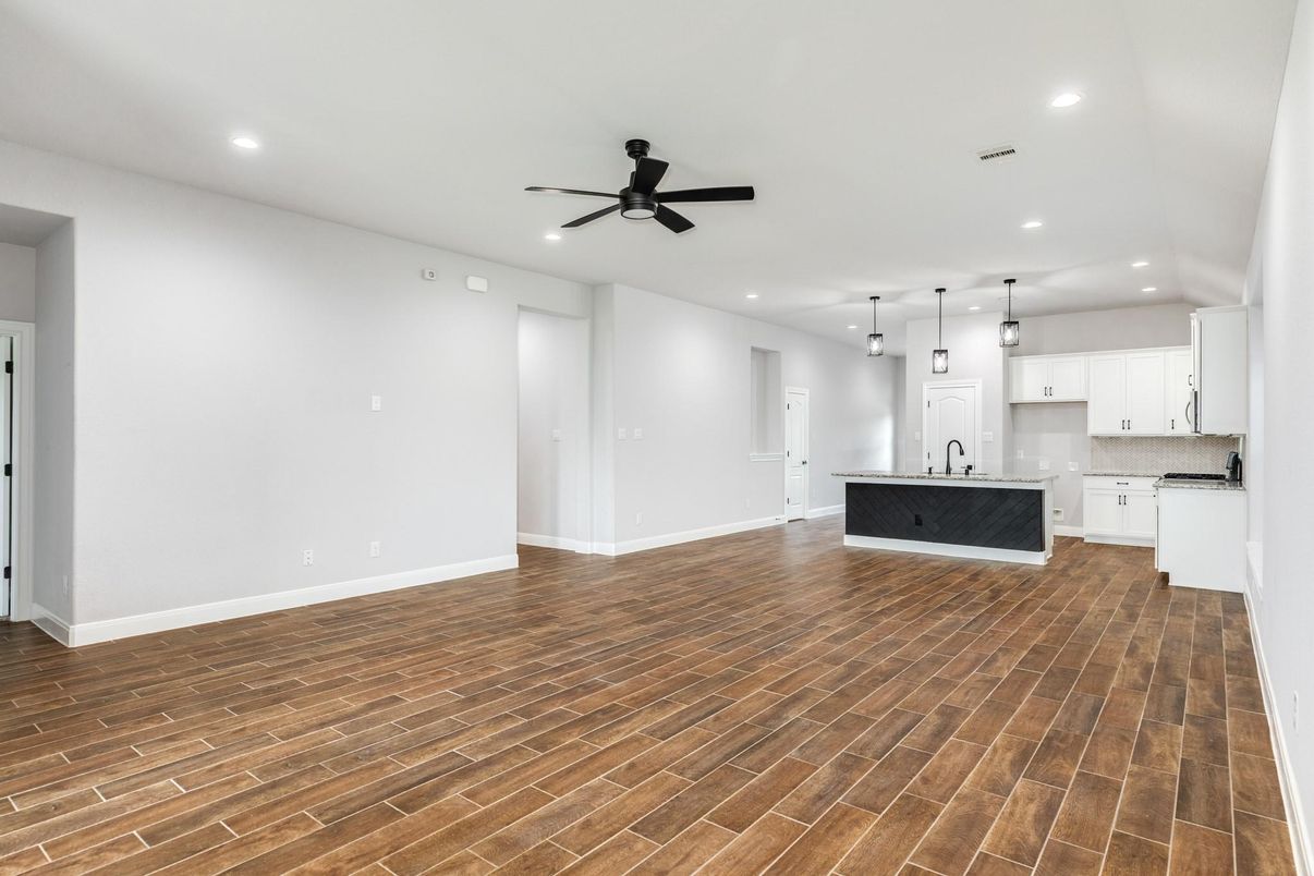 Empty room, Interior, Kitchen, Pendant Lights, Recessed Lighting, Wood Texture Flooring