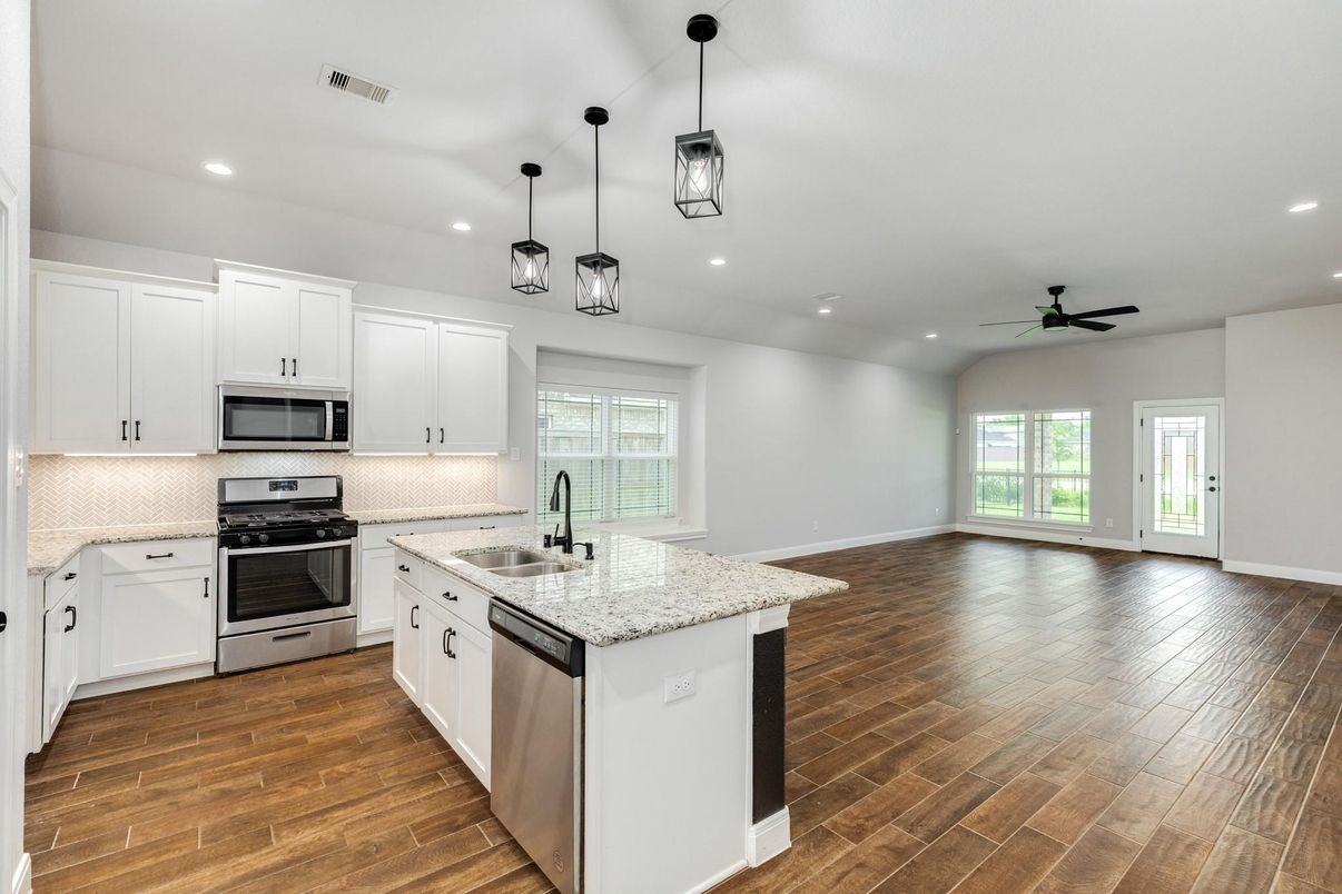 Interior, Kitchen, Pendant Lights, Recessed Lighting, Wood Texture Flooring