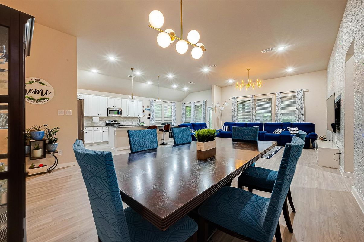 Chandelier, Dining room, Interior, Kitchen, Living room, Pendant Lights, Recessed Lighting, Wood Texture Flooring