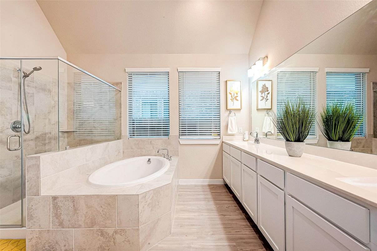 Bathroom, Dual Sink Vanities, Glass Shower, Interior, Wood Texture Flooring