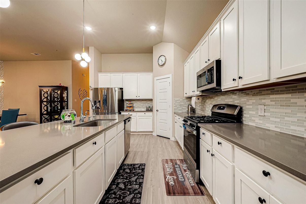 Interior, Kitchen, Pendant Lights, Recessed Lighting, Stainless Steel Appliances, Wood Texture Flooring