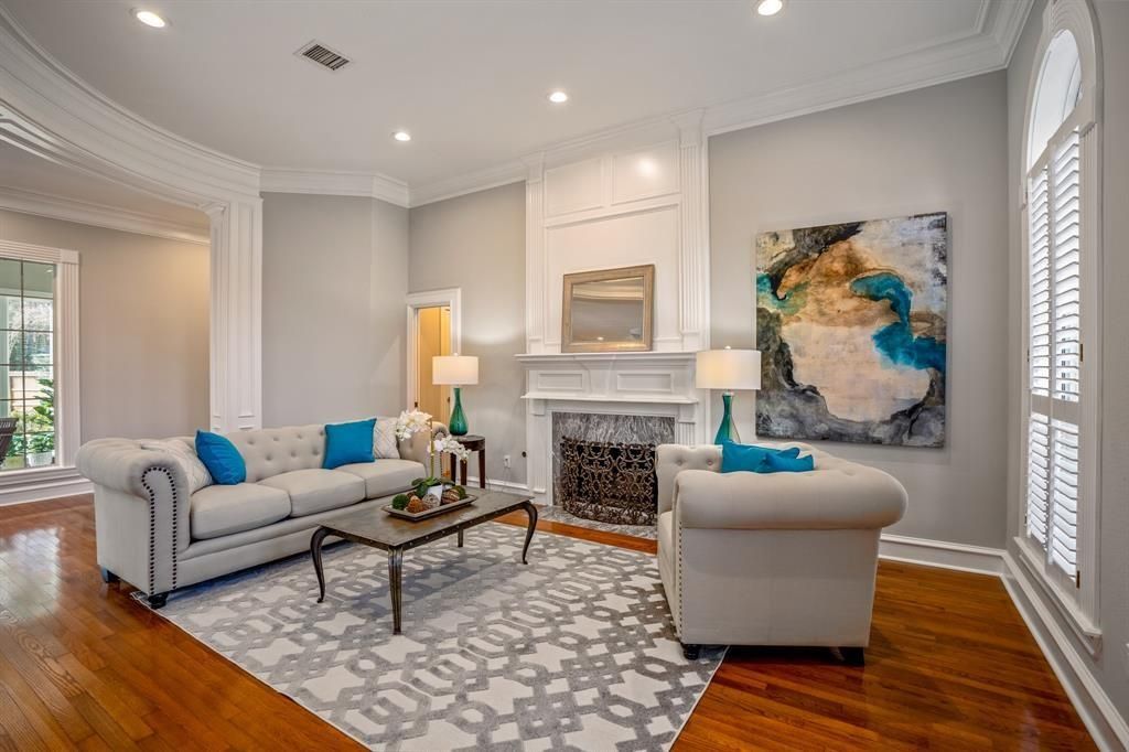 Fireplace, Interior, Living room, Recessed Lighting, Wood Texture Flooring
