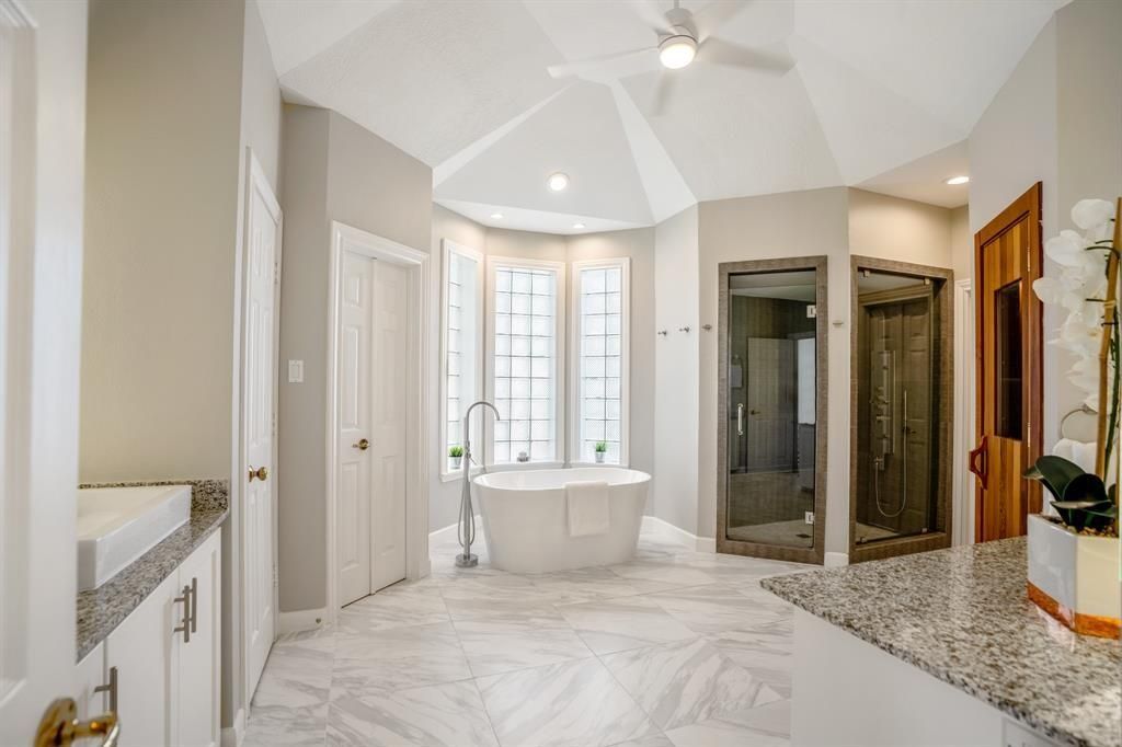 Bathroom, Free Standing Baths, Glass Shower, Interior, Marble, Recessed Lighting