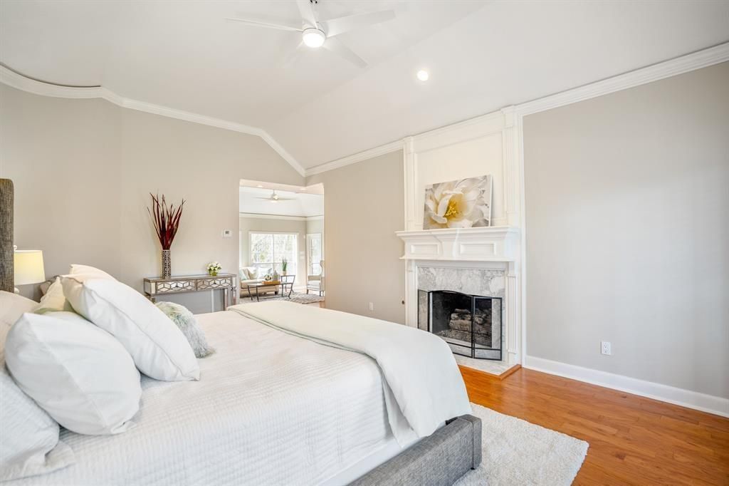 Bedroom, Fireplace, Interior, Recessed Lighting, Wood Texture Flooring