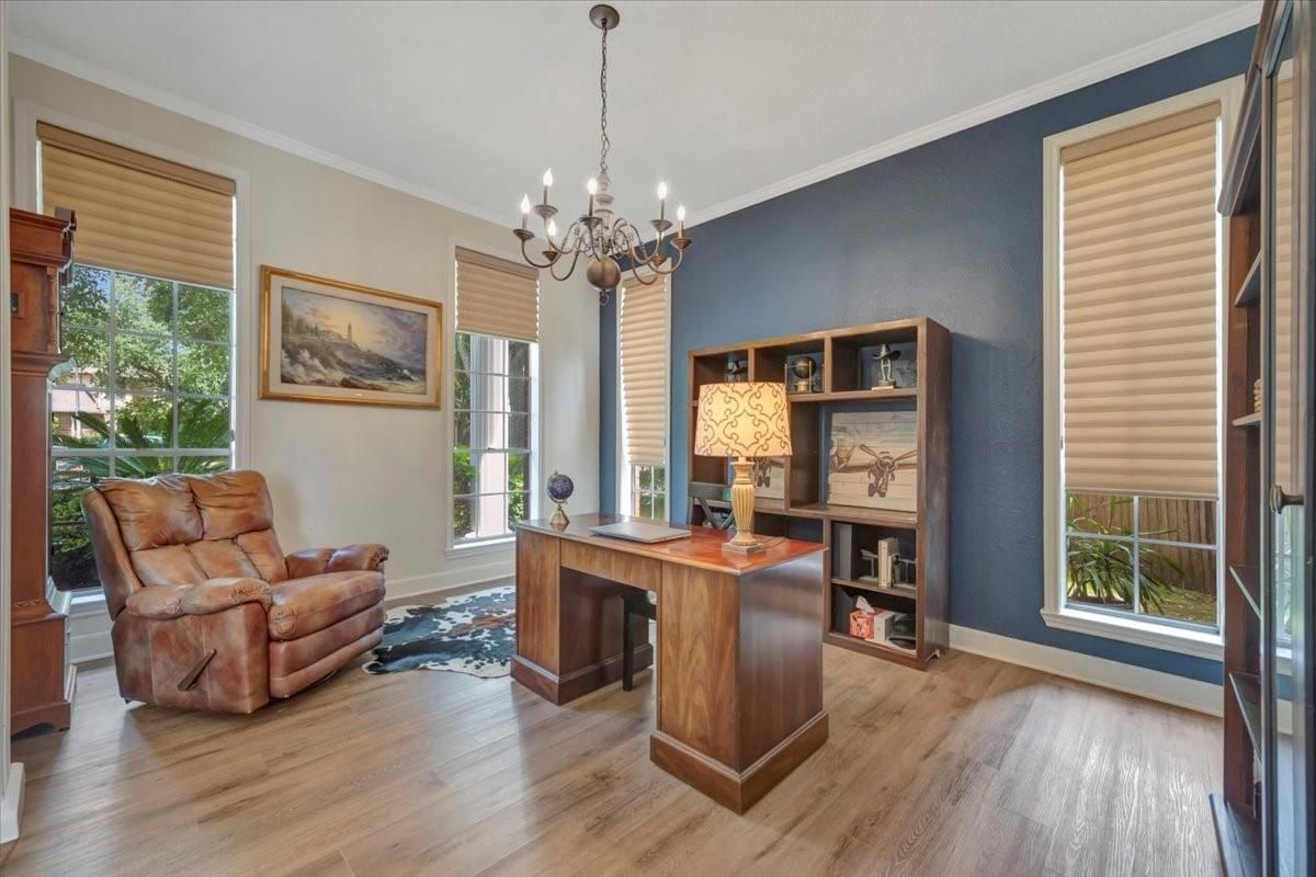 Chandelier, Home Office, Interior, Wood Texture Flooring