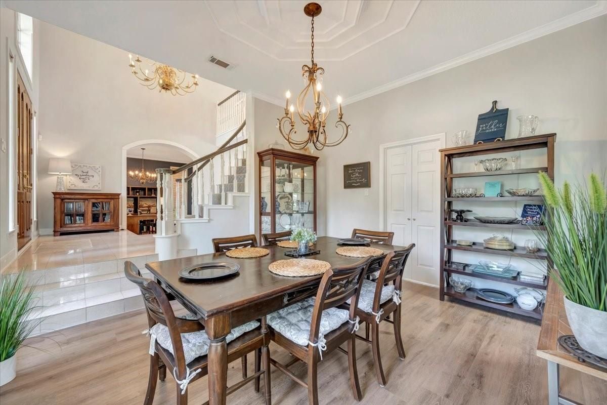 Chandelier, Dining room, Interior, Wood Texture Flooring