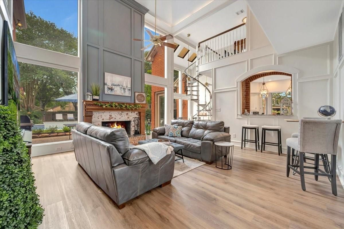 Fireplace, Interior, Living room, Pendant Lights, Wood Texture Flooring