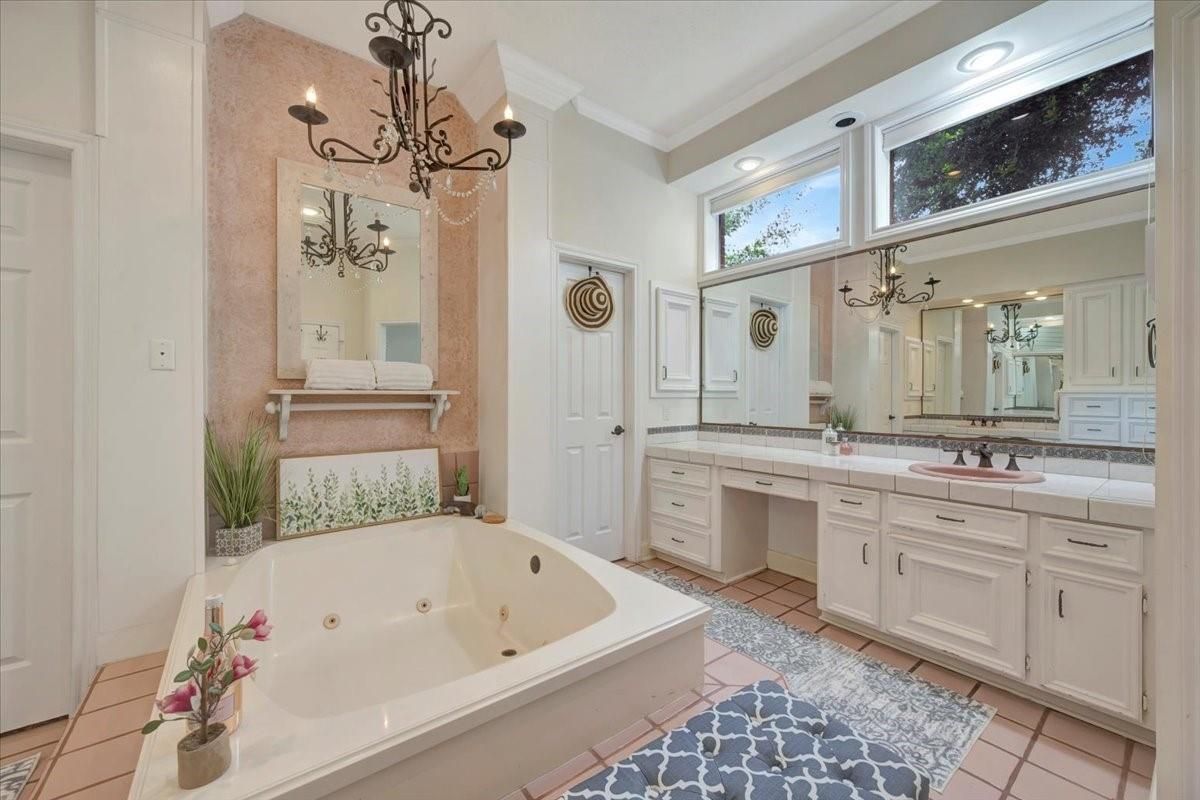 Bathroom, Chandelier, Dual Sink Vanities, Interior, Recessed Lighting, Tile Countertops